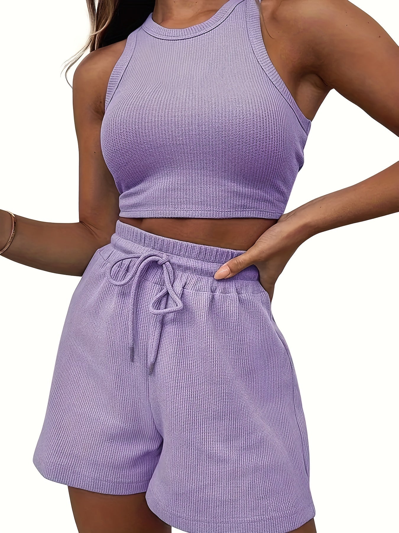 2-Piece Women's Casual Sportswear Set - Comfy Ribbed-Knit Crop Top & Adjustable Drawstring Shorts - Versatile Sleeveless Outfit for Outdoor Activities