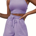 2-Piece Women's Casual Sportswear Set - Comfy Ribbed-Knit Crop Top & Adjustable Drawstring Shorts - Versatile Sleeveless Outfit for Outdoor Activities