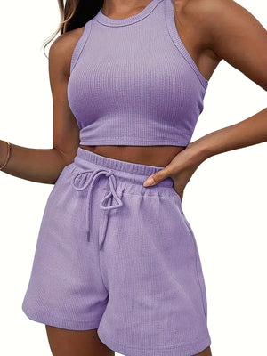 2-Piece Women's Casual Sportswear Set - Comfy Ribbed-Knit Crop Top & Adjustable Drawstring Shorts - Versatile Sleeveless Outfit for Outdoor Activities