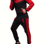Two-Piece Color Block Men's Casual Sportswear Hoodie Set, Zip-Up Drawstring Jogging Suit For All Seasons
