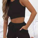 2-Piece Women's Casual Sportswear Set - Comfy Ribbed-Knit Crop Top & Adjustable Drawstring Shorts - Versatile Sleeveless Outfit for Outdoor Activities