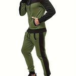 Two-Piece Color Block Men's Casual Sportswear Hoodie Set, Zip-Up Drawstring Jogging Suit For All Seasons