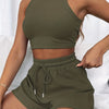 2-Piece Women's Casual Sportswear Set - Comfy Ribbed-Knit Crop Top & Adjustable Drawstring Shorts - Versatile Sleeveless Outfit for Outdoor Activities