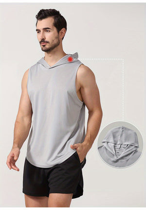 GOD GOT ME Print, Men's Quick-drying Breathable Sports Hooded Tanktop, Casual Light Loose Sleeveless Shirt For Gym Training Running Basketball