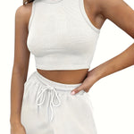 2-Piece Women's Casual Sportswear Set - Comfy Ribbed-Knit Crop Top & Adjustable Drawstring Shorts - Versatile Sleeveless Outfit for Outdoor Activities