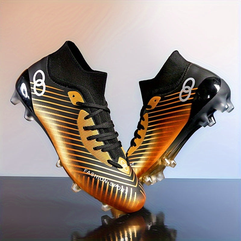 Men's Trendy Striped AG Soccer Shoe With Collar, Non Slip Comfy Football Training Shoes For Outdoor Competition, All Seasons