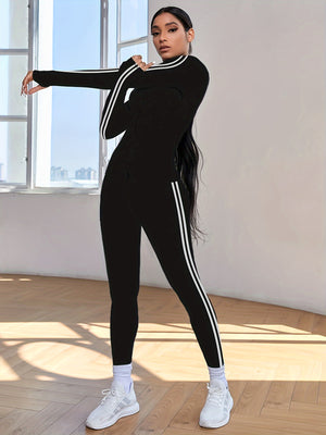 Women's 2-Piece Athletic Set, High Elasticity Slim Fit Sportswear, Long Sleeve Stand Collar Thumb Hole Striped Jacket & Joggers, Fitness Tracksuit Set Fall & Winter
