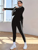 Women's 2-Piece Athletic Set, High Elasticity Slim Fit Sportswear, Long Sleeve Stand Collar Thumb Hole Striped Jacket & Joggers, Fitness Tracksuit Set Fall & Winter
