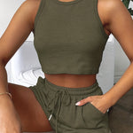 2-Piece Women's Casual Sportswear Set - Comfy Ribbed-Knit Crop Top & Adjustable Drawstring Shorts - Versatile Sleeveless Outfit for Outdoor Activities