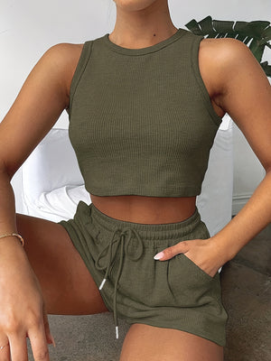 2-Piece Women's Casual Sportswear Set - Comfy Ribbed-Knit Crop Top & Adjustable Drawstring Shorts - Versatile Sleeveless Outfit for Outdoor Activities