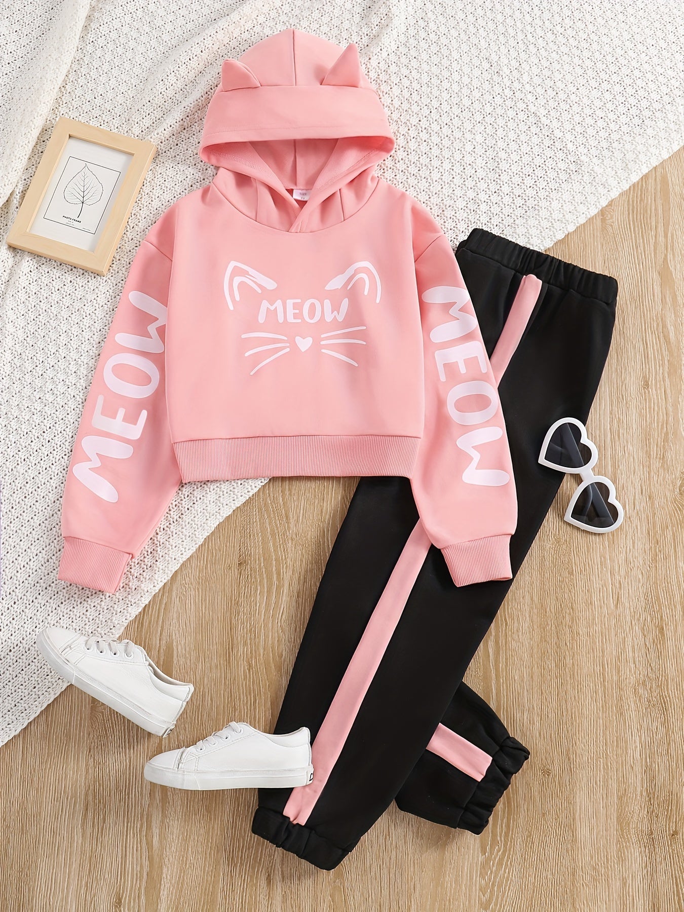 Girls' Letter and Cat Print Hoodie Sweatshirt Set, Spring/Autumn Casual Sportswear Two-Piece for Kids (Medium/Large), Perfect for Outdoor