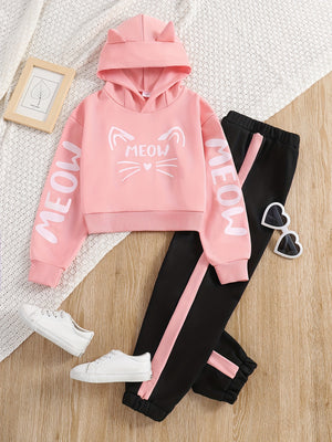 Girls' Letter and Cat Print Hoodie Sweatshirt Set, Spring/Autumn Casual Sportswear Two-Piece for Kids (Medium/Large), Perfect for Outdoor