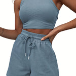 2-Piece Women's Casual Sportswear Set - Comfy Ribbed-Knit Crop Top & Adjustable Drawstring Shorts - Versatile Sleeveless Outfit for Outdoor Activities