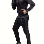 Two-Piece Color Block Men's Casual Sportswear Hoodie Set, Zip-Up Drawstring Jogging Suit For All Seasons
