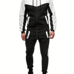 Two-Piece Color Block Men's Casual Sportswear Hoodie Set, Zip-Up Drawstring Jogging Suit For All Seasons