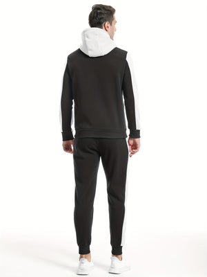 Two-Piece Color Block Men's Casual Sportswear Hoodie Set, Zip-Up Drawstring Jogging Suit For All Seasons