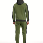 Two-Piece Color Block Men's Casual Sportswear Hoodie Set, Zip-Up Drawstring Jogging Suit For All Seasons
