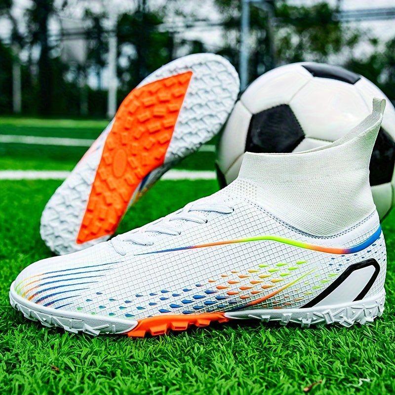 Professional Men's High Top Turf Football Boots - Anti-skid Breathable Lace Up TF Soccer Cleats for Summer Rainy Day Training and Outdoor Competition