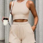 2-Piece Women's Casual Sportswear Set - Comfy Ribbed-Knit Crop Top & Adjustable Drawstring Shorts - Versatile Sleeveless Outfit for Outdoor Activities