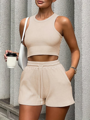 2-Piece Women's Casual Sportswear Set - Comfy Ribbed-Knit Crop Top & Adjustable Drawstring Shorts - Versatile Sleeveless Outfit for Outdoor Activities
