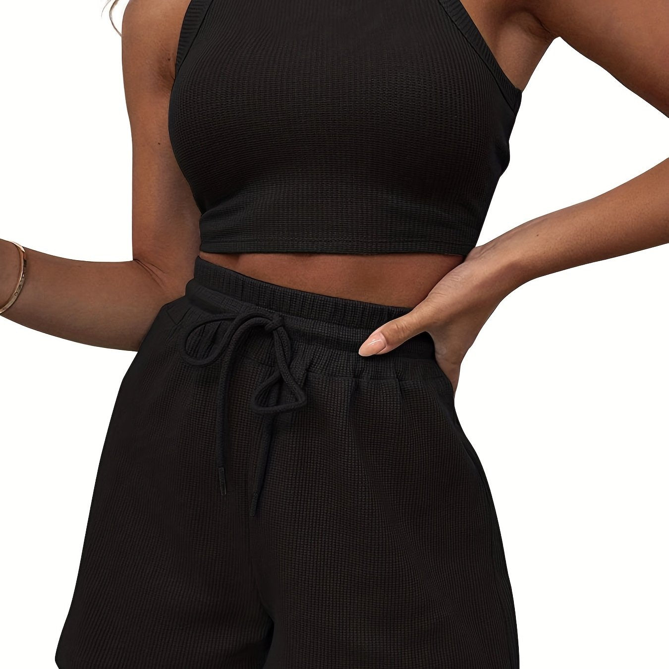 2-Piece Women's Casual Sportswear Set - Comfy Ribbed-Knit Crop Top & Adjustable Drawstring Shorts - Versatile Sleeveless Outfit for Outdoor Activities