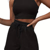 2-Piece Women's Casual Sportswear Set - Comfy Ribbed-Knit Crop Top & Adjustable Drawstring Shorts - Versatile Sleeveless Outfit for Outdoor Activities