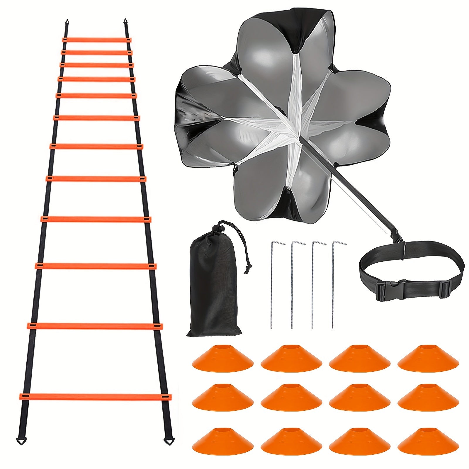 42pcs Agility Ladder Football Training Equipment Set Include 4 Agility Hurdles 24 Cones Running Parachute 12ft Ladder