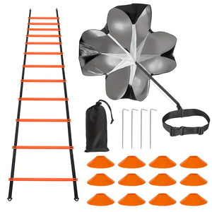 42pcs Agility Ladder Football Training Equipment Set Include 4 Agility Hurdles 24 Cones Running Parachute 12ft Ladder