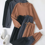3 Sets Of Women's Activewear Tracksuits, Velvet Fabric, Long Sleeve Tops And Drawstring Pants, Casual Sportswear, Multiple Colors