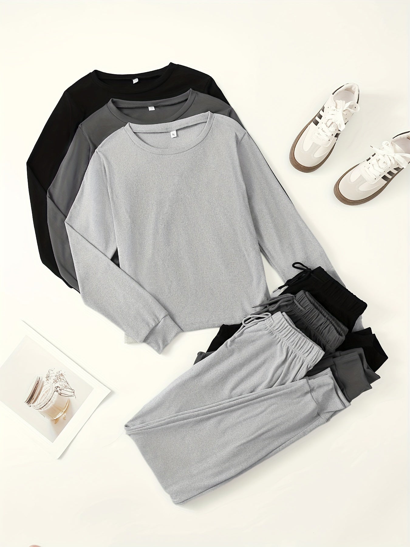 3 Sets Of Women's Activewear Tracksuits, Velvet Fabric, Long Sleeve Tops And Drawstring Pants, Casual Sportswear, Multiple Colors