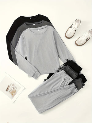 3 Sets Of Women's Activewear Tracksuits, Velvet Fabric, Long Sleeve Tops And Drawstring Pants, Casual Sportswear, Multiple Colors
