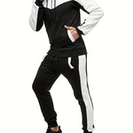 Two-Piece Color Block Men's Casual Sportswear Hoodie Set, Zip-Up Drawstring Jogging Suit For All Seasons
