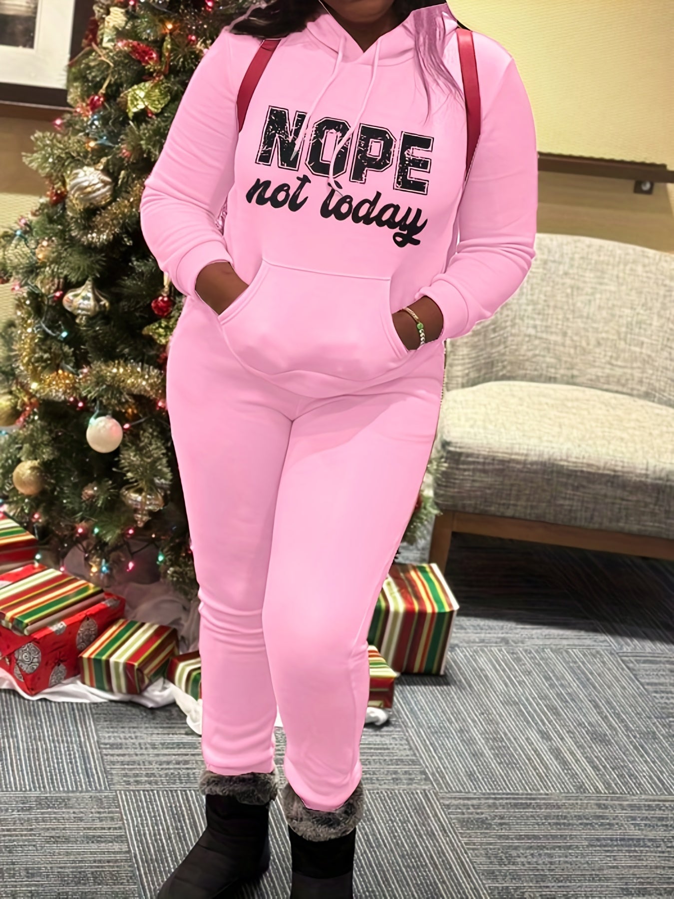 Womens Fashionable Athleisure Set - Letter Print Hoodie with Kangaroo Pocket & Drawstring Pants - Casual, Comfortable Sportswear Outfit for Everyday Style