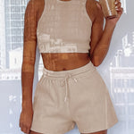 2-Piece Women's Casual Sportswear Set - Comfy Ribbed-Knit Crop Top & Adjustable Drawstring Shorts - Versatile Sleeveless Outfit for Outdoor Activities