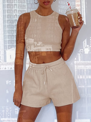 2-Piece Women's Casual Sportswear Set - Comfy Ribbed-Knit Crop Top & Adjustable Drawstring Shorts - Versatile Sleeveless Outfit for Outdoor Activities