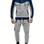 Two-Piece Color Block Men's Casual Sportswear Hoodie Set, Zip-Up Drawstring Jogging Suit For All Seasons
