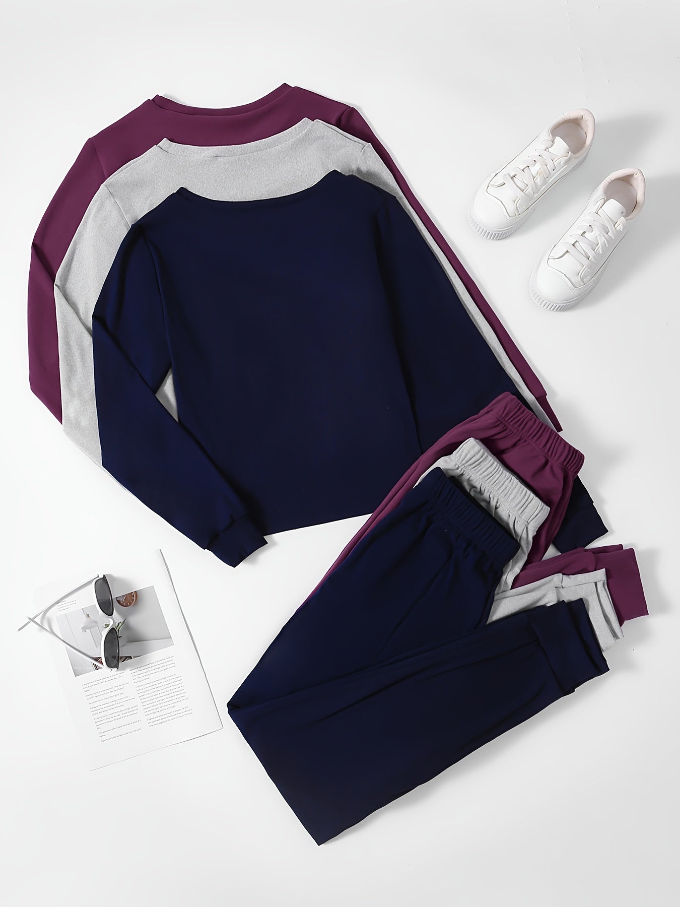 3 Sets Of Women's Activewear Tracksuits, Velvet Fabric, Long Sleeve Tops And Drawstring Pants, Casual Sportswear, Multiple Colors