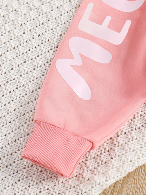 Girls' Letter and Cat Print Hoodie Sweatshirt Set, Spring/Autumn Casual Sportswear Two-Piece for Kids (Medium/Large), Perfect for Outdoor