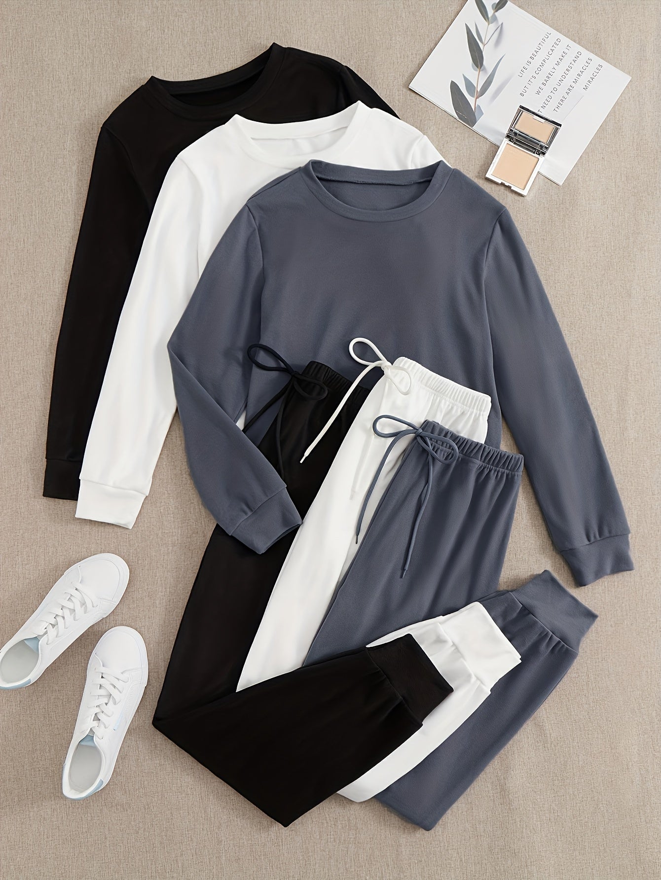 3 Sets Of Women's Activewear Tracksuits, Velvet Fabric, Long Sleeve Tops And Drawstring Pants, Casual Sportswear, Multiple Colors