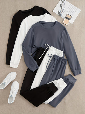 3 Sets Of Women's Activewear Tracksuits, Velvet Fabric, Long Sleeve Tops And Drawstring Pants, Casual Sportswear, Multiple Colors
