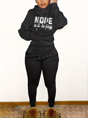 Womens Fashionable Athleisure Set - Letter Print Hoodie with Kangaroo Pocket & Drawstring Pants - Casual, Comfortable Sportswear Outfit for Everyday Style