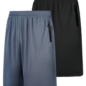 Quick Dry 2pcs Men's Athletic Shorts - Elastic Waistband with Zip Pockets - Basketball Football Activewear