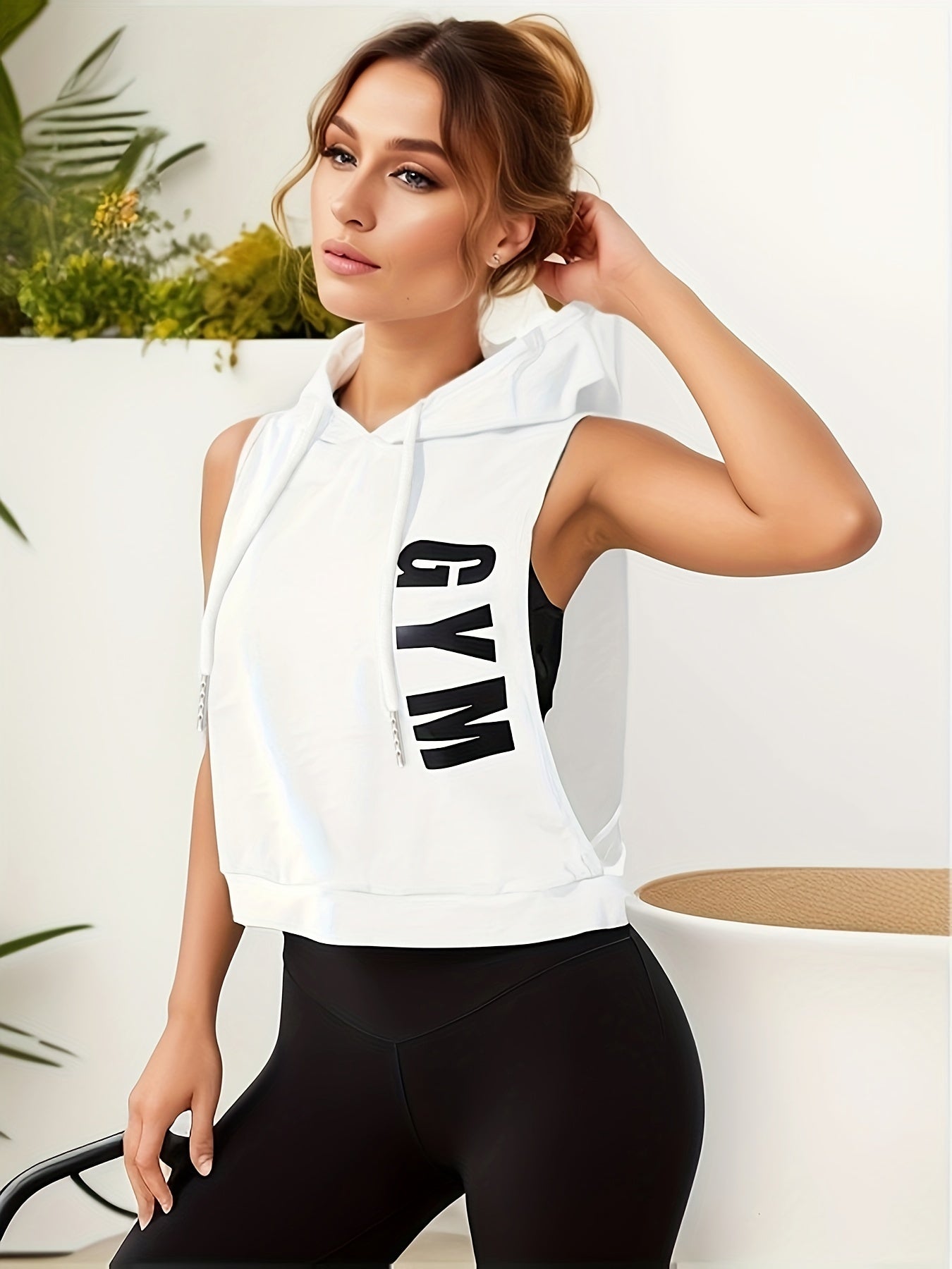 Women's Sleeveless Hooded T-Shirt with Letter Print, Loose Fit Casual Sportswear Top, Breathable Activewear Tank