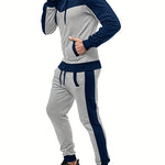 Two-Piece Color Block Men's Casual Sportswear Hoodie Set, Zip-Up Drawstring Jogging Suit For All Seasons