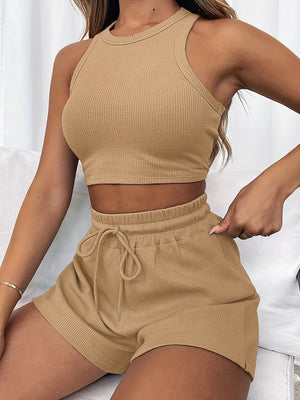 2-Piece Women's Casual Sportswear Set - Comfy Ribbed-Knit Crop Top & Adjustable Drawstring Shorts - Versatile Sleeveless Outfit for Outdoor Activities