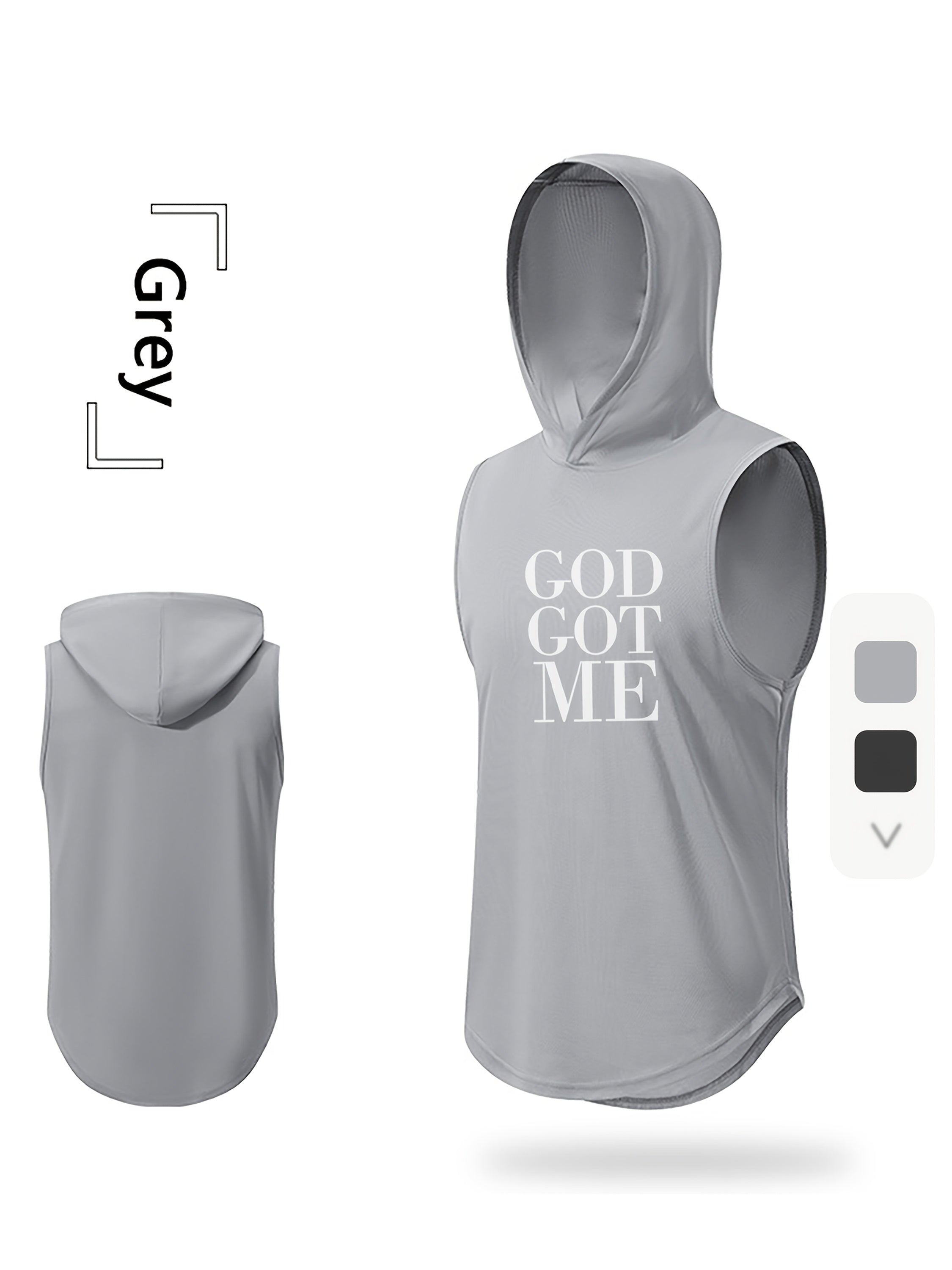 GOD GOT ME Print, Men's Quick-drying Breathable Sports Hooded Tanktop, Casual Light Loose Sleeveless Shirt For Gym Training Running Basketball