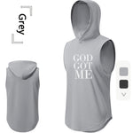 GOD GOT ME Print, Men's Quick-drying Breathable Sports Hooded Tanktop, Casual Light Loose Sleeveless Shirt For Gym Training Running Basketball