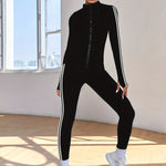 Women's 2-Piece Athletic Set, High Elasticity Slim Fit Sportswear, Long Sleeve Stand Collar Thumb Hole Striped Jacket & Joggers, Fitness Tracksuit Set Fall & Winter