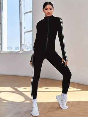 Women's 2-Piece Athletic Set, High Elasticity Slim Fit Sportswear, Long Sleeve Stand Collar Thumb Hole Striped Jacket & Joggers, Fitness Tracksuit Set Fall & Winter