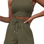 2-Piece Women's Casual Sportswear Set - Comfy Ribbed-Knit Crop Top & Adjustable Drawstring Shorts - Versatile Sleeveless Outfit for Outdoor Activities